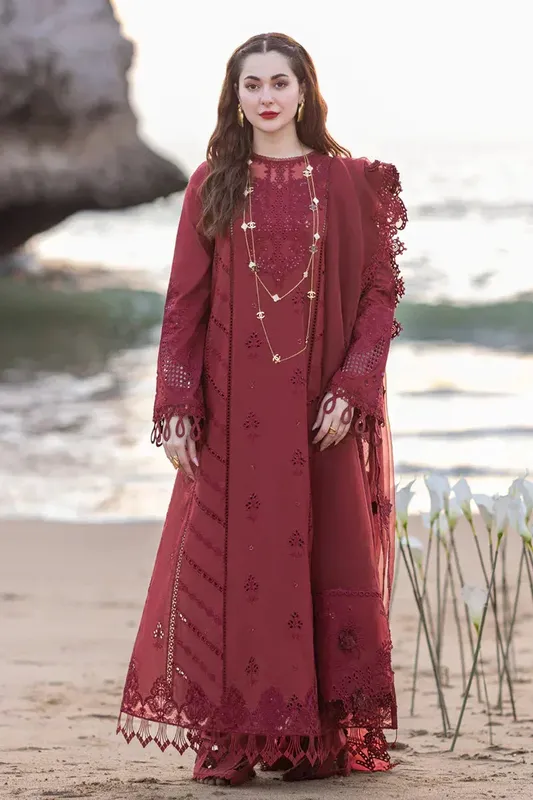 Qalamkar Sahil Kinare Luxury Lawn Maroon Organza – view 1 – Poshaq