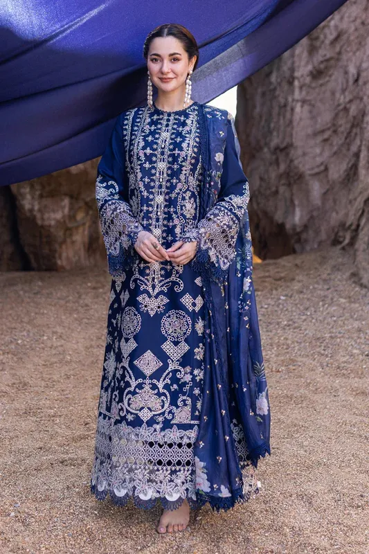 Qalamkar Sahil Kinare Luxury Lawn Blue Silk – view 1 – Poshaq