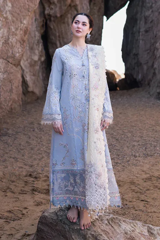 Qalamkar Sahil Kinare Luxury Lawn Sky Blue Lawn – view 1 – Poshaq