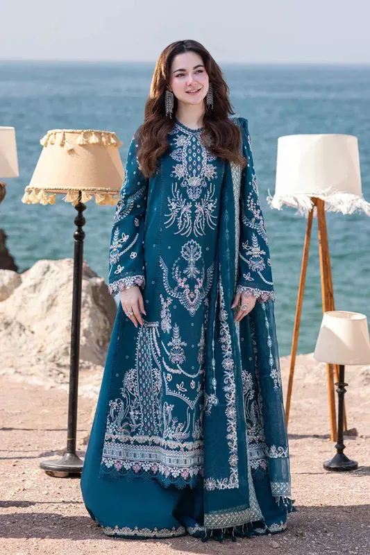Qalamkar Sahil Kinare Luxury Lawn Teal Lawn – view 1 – Poshaq