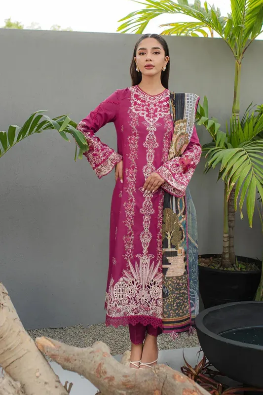 Qalamkar Q Line Lawn Collection Magenta Chiffon – view 1 – Poshaq