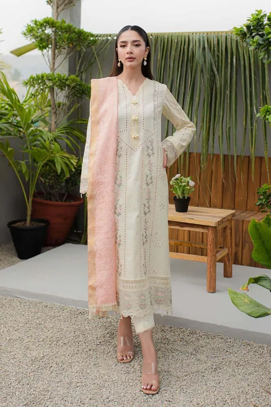 Qalamkar Q Line Lawn Collection Off White Jacquard – view 1 – Poshaq