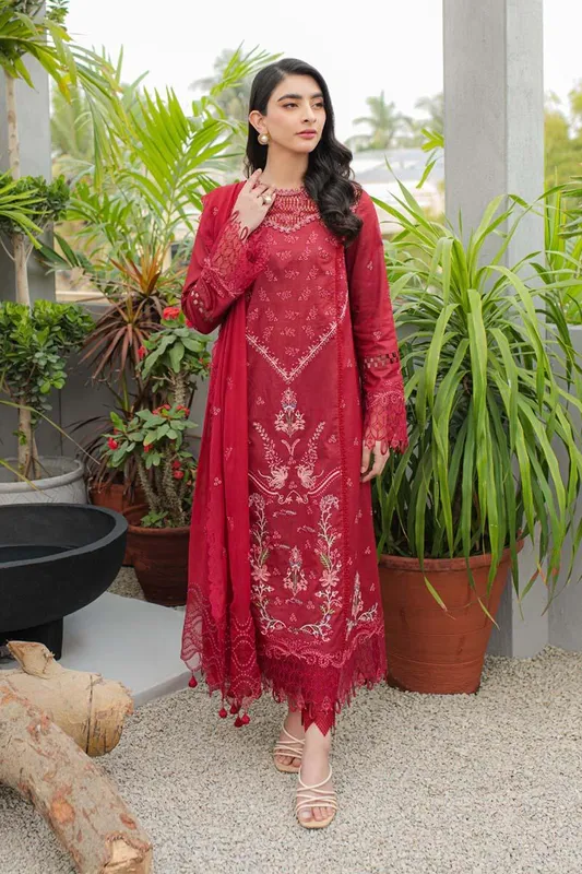 Qalamkar Q Line Lawn Collection Red Chiffon – view 1 – Poshaq