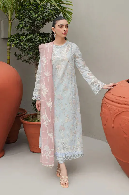 Qalamkar Q Line Lawn Collection Sky Blue Lawn – view 1 – Poshaq