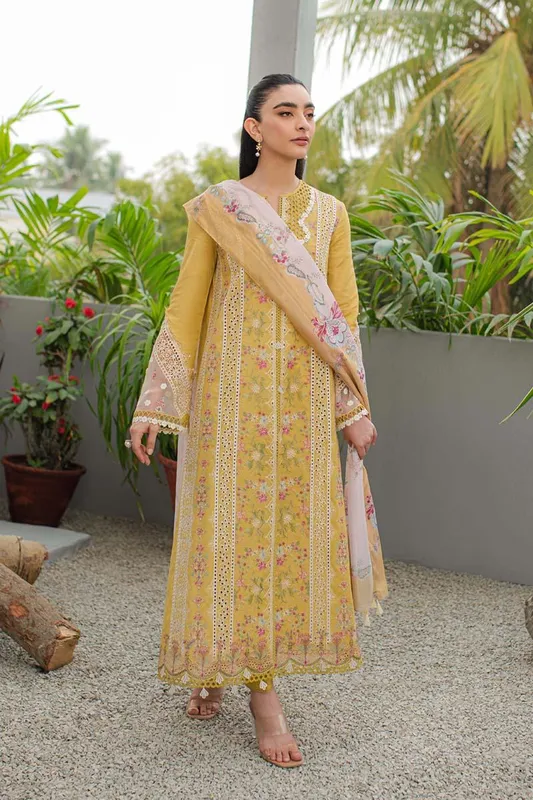Qalamkar Q Line Lawn Collection Mustard Chiffon – view 1 – Poshaq