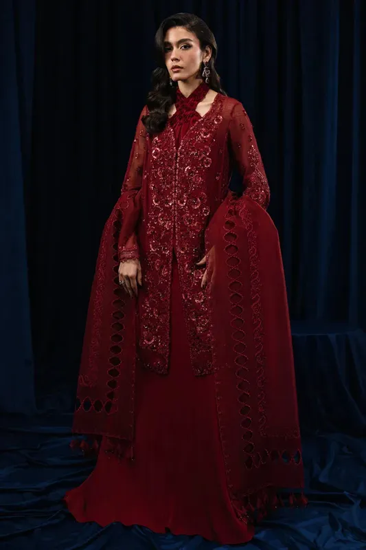 Qalamkar Luxe Pret Maroon Raw Silk – view 1 – Poshaq