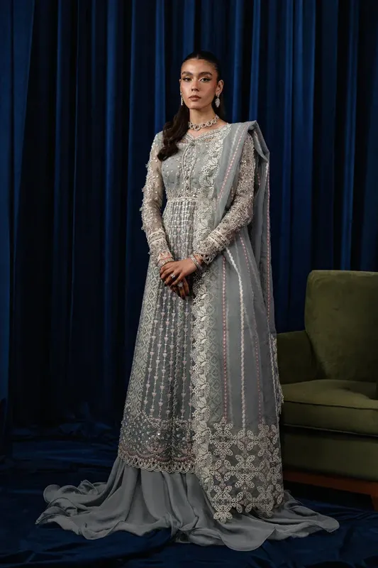 Qalamkar Luxe Pret Grey Georgette – view 1 – Poshaq