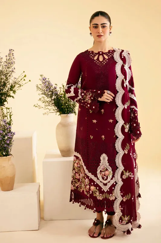 Qalamkar Qlinekari Luxury Lawn Maroon Chiffon – view 1 – Poshaq
