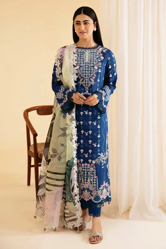 Qalamkar Qlinekari Luxury Lawn Blue Jacquard – view 1 – Poshaq