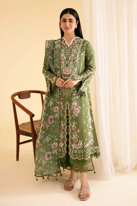 Qalamkar Qlinekari Luxury Lawn Green Chiffon – view 1 – Poshaq
