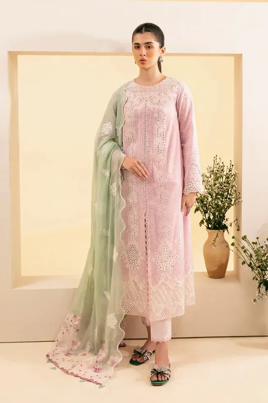 Qalamkar Qlinekari Luxury Lawn Pink Chiffon – view 1 – Poshaq