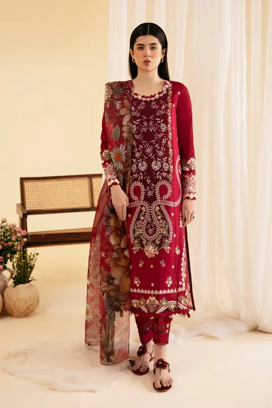 Qalamkar Qlinekari Luxury Lawn Maroon Jacquard – view 1 – Poshaq