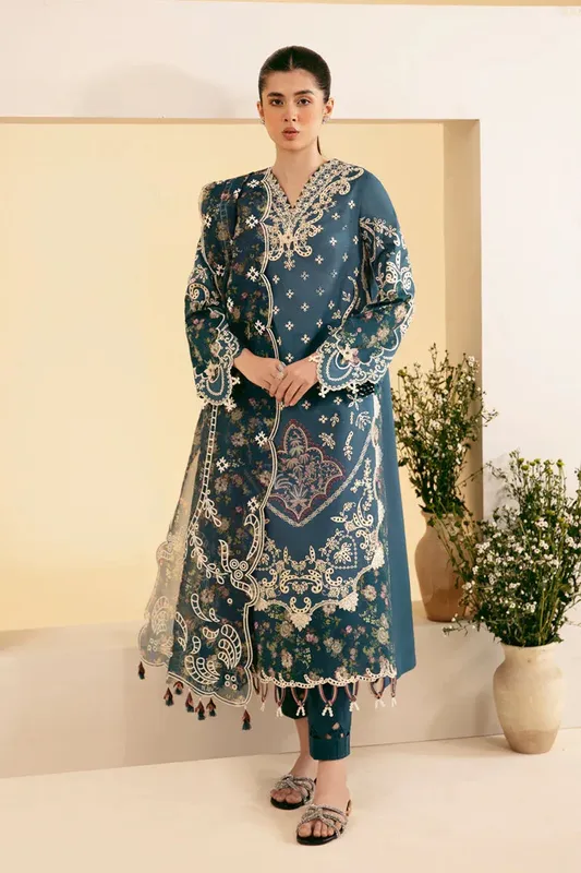 Qalamkar Qlinekari Luxury Lawn Teal Lawn – view 1 – Poshaq