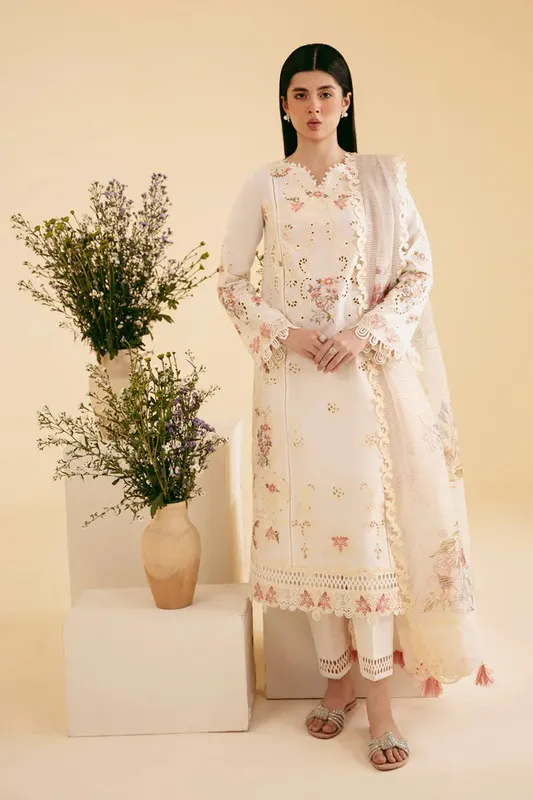 Qalamkar Qlinekari Luxury Lawn Off White Jacquard – view 1 – Poshaq