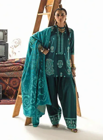 Zainab Chottani Winter Shawl 25 Dark Teal Blue Organza – view 1 – Poshaq