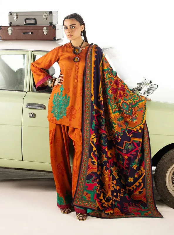 Zainab Chottani Winter Shawl 25 Orange Organza – view 1 – Poshaq