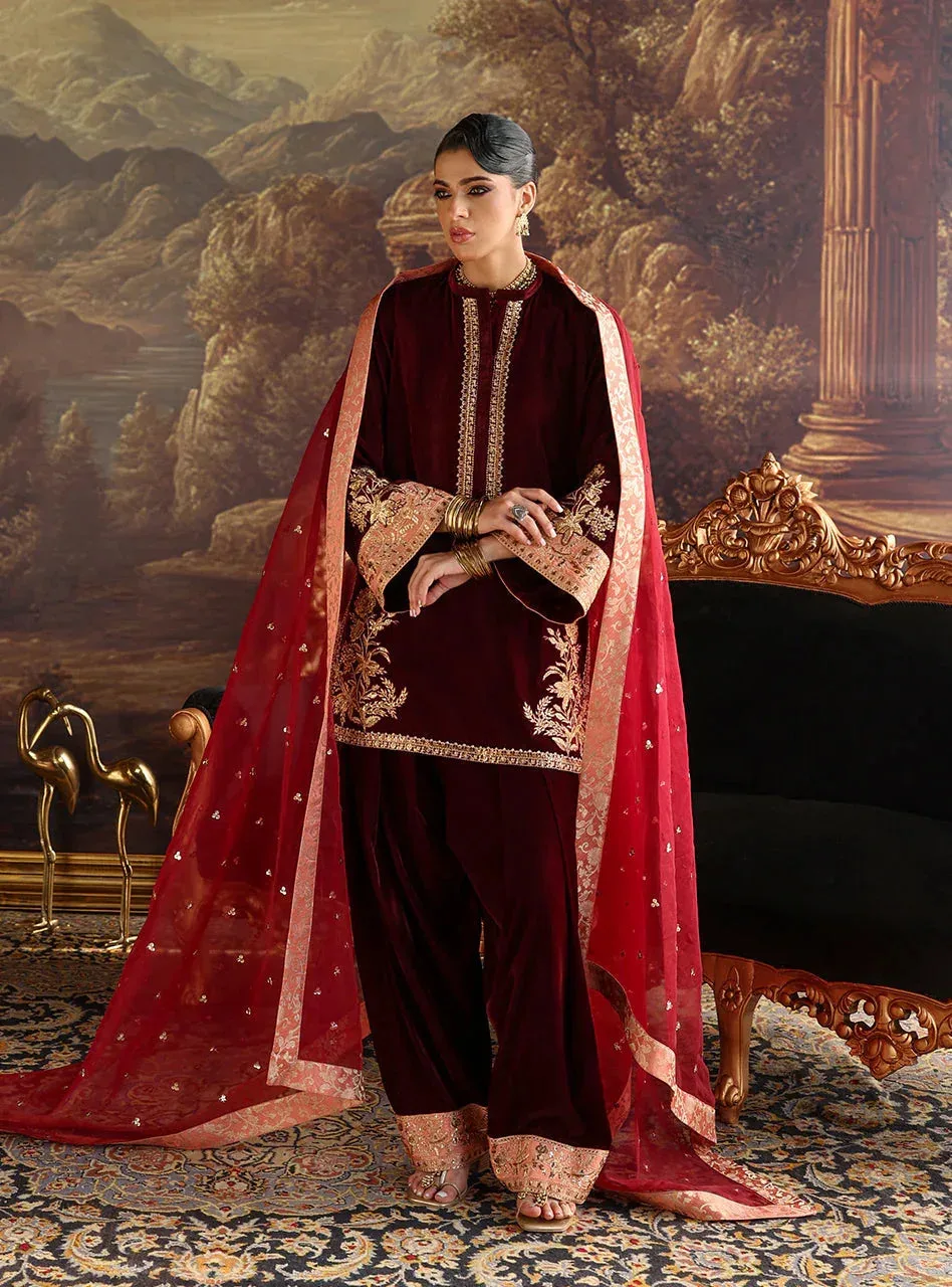 Zainab Chottani Velura Velvet Edit 25 Maroon Organza – view 1 – Poshaq