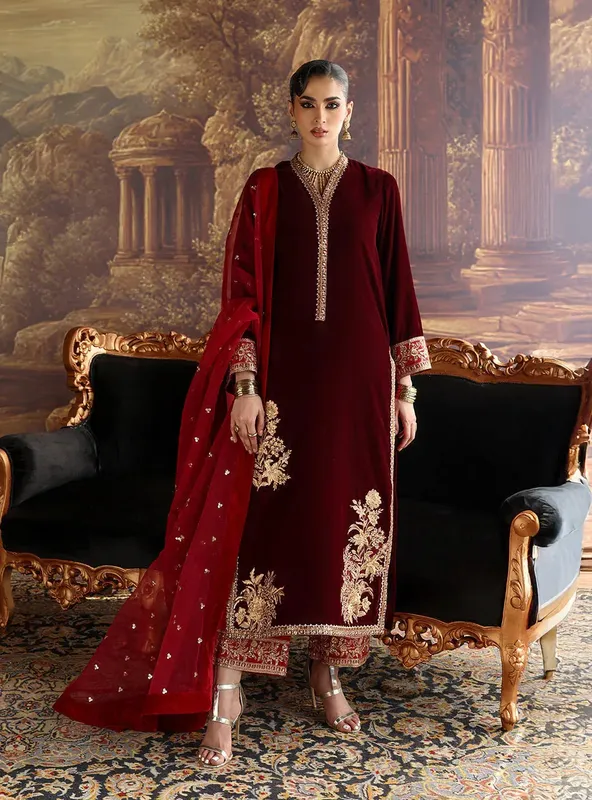 Zainab Chottani Velura Velvet Edit 25 Maroon Organza – view 1 – Poshaq