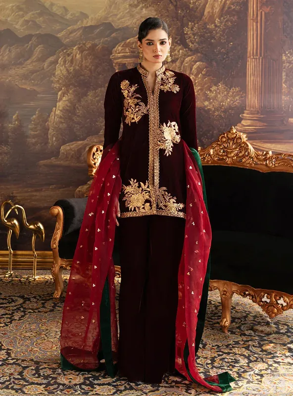 Zainab Chottani Velura Velvet Edit 25 Dark Maroon Organza – view 1 – Poshaq
