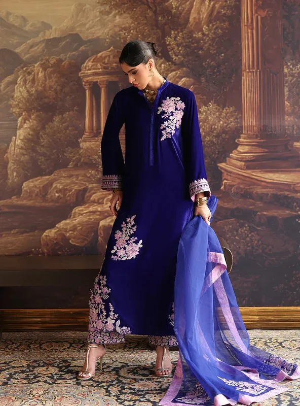 Zainab Chottani Velura Velvet Edit 25 Cobalt Blue Raw Silk – view 1 – Poshaq
