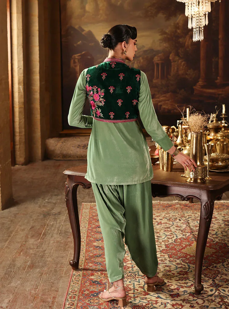Zainab Chottani Velura Velvet Edit 25 Sage Green Velvet – view 2 – Poshaq