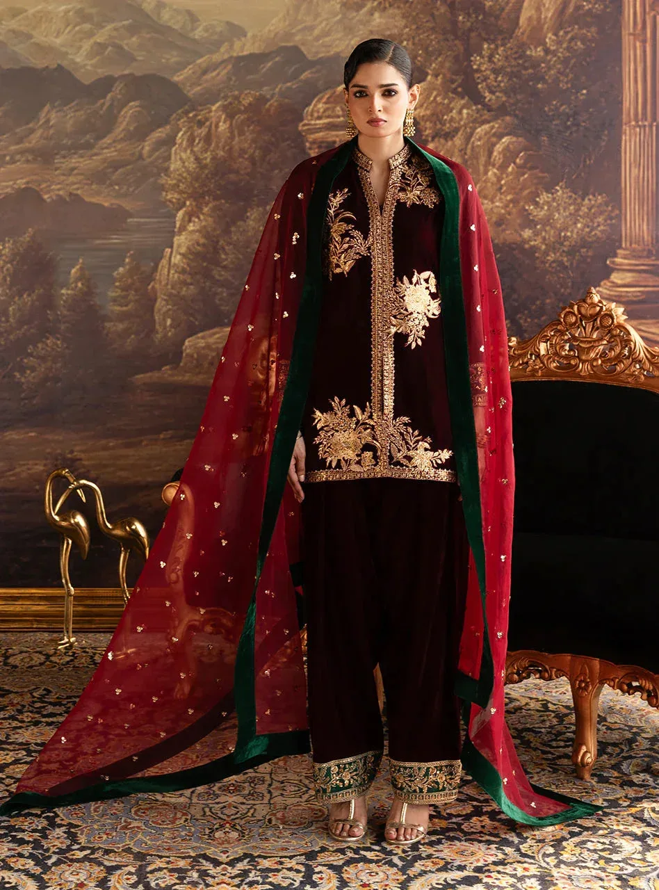 Zainab Chottani Velura Velvet Edit 25 Maroon Organza – view 1 – Poshaq