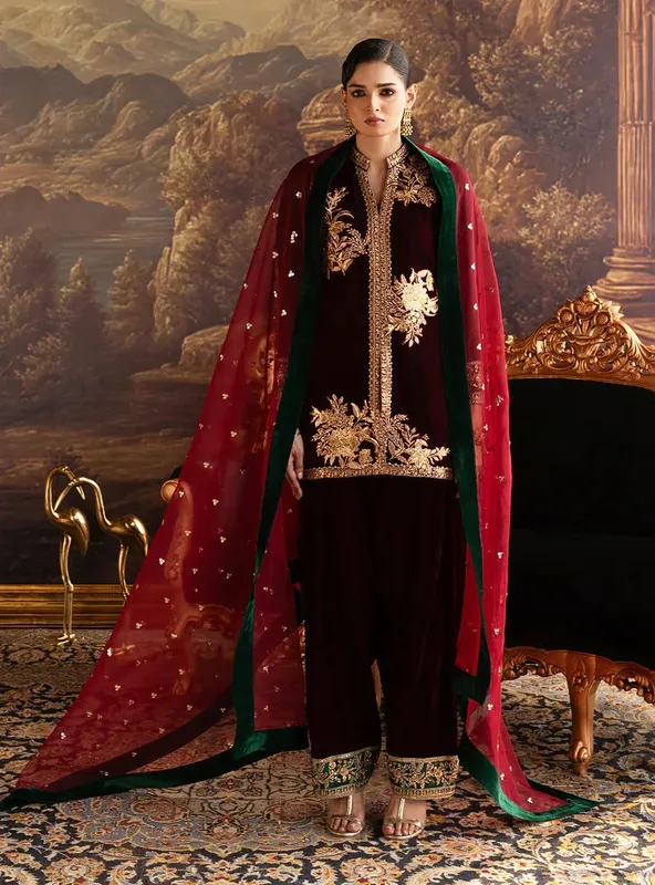 Zainab Chottani Velura Velvet Edit 25 Maroon Organza – view 1 – Poshaq