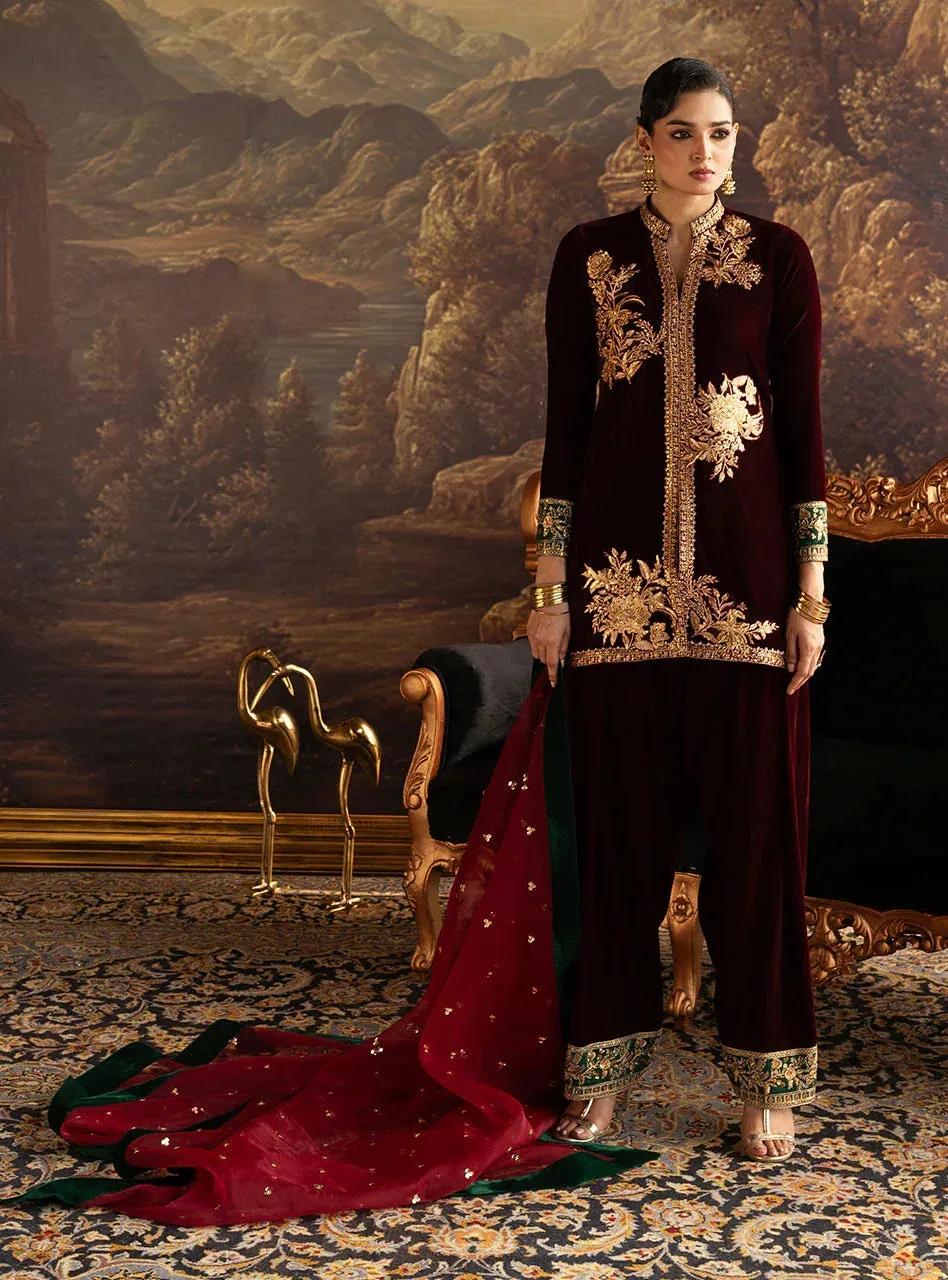 Zainab Chottani Velura Velvet Edit 25 Maroon Organza – view 2 – Poshaq