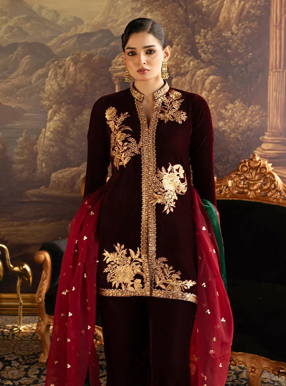 Zainab Chottani Velura Velvet Edit 25 Maroon Organza – view 3 – Poshaq