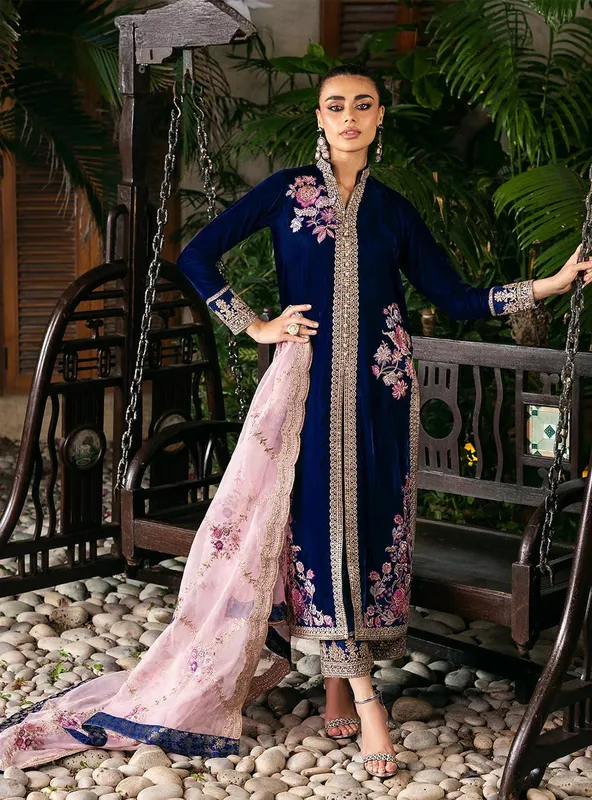 Zainab Chottani Velvet 25 Dark Blue Raw Silk – view 1 – Poshaq