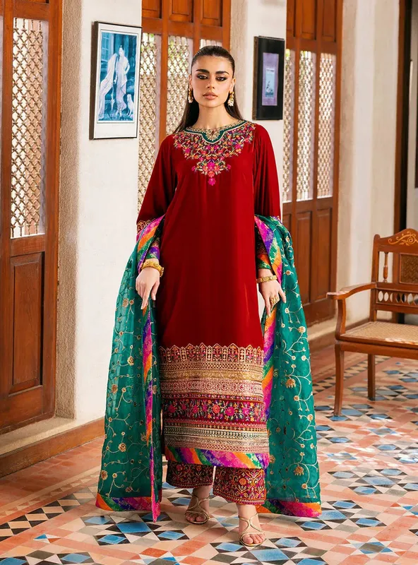 Zainab Chottani Velvet 25 Red Raw Silk – view 1 – Poshaq