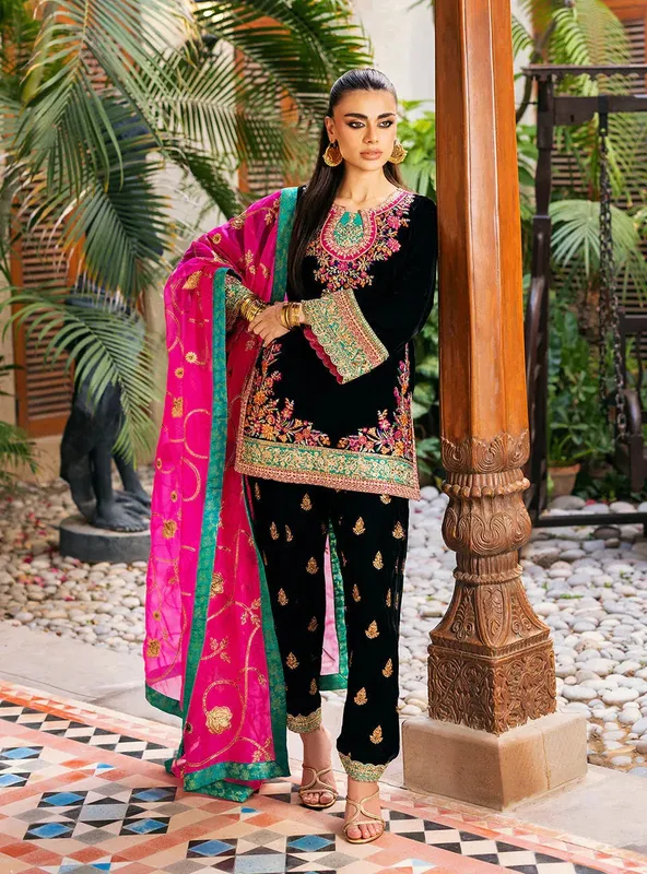 Black velvet dress with turquoise embroidery – view 1 – Poshaq