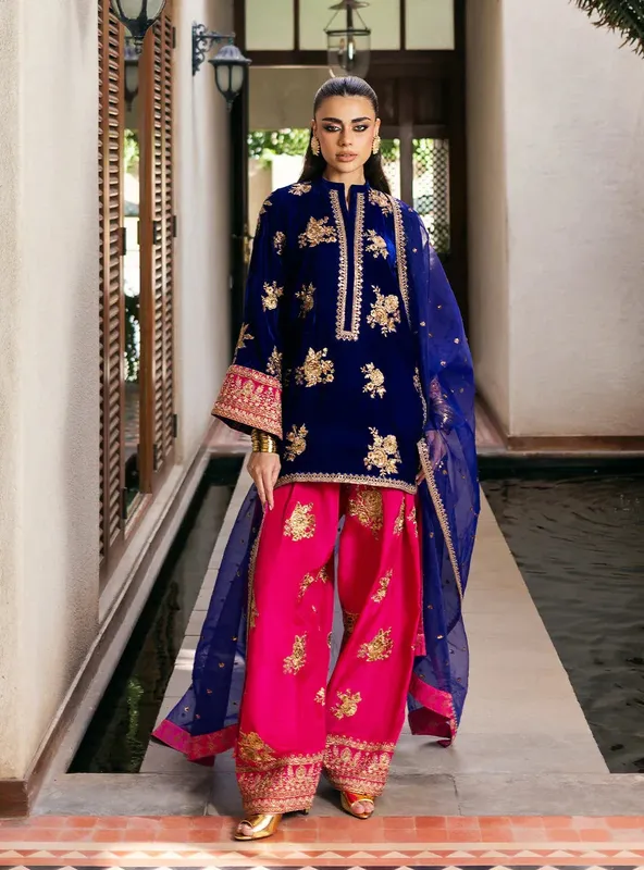 Electric blue velvet shirt with gold embroidery, raw silk shalwar and organza dupatta – view 1 – Poshaq