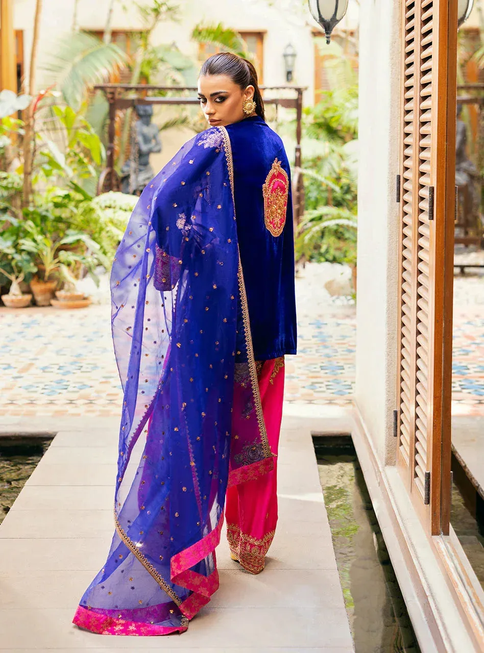 Electric blue velvet shirt with gold embroidery, raw silk shalwar and organza dupatta – view 2 – Poshaq