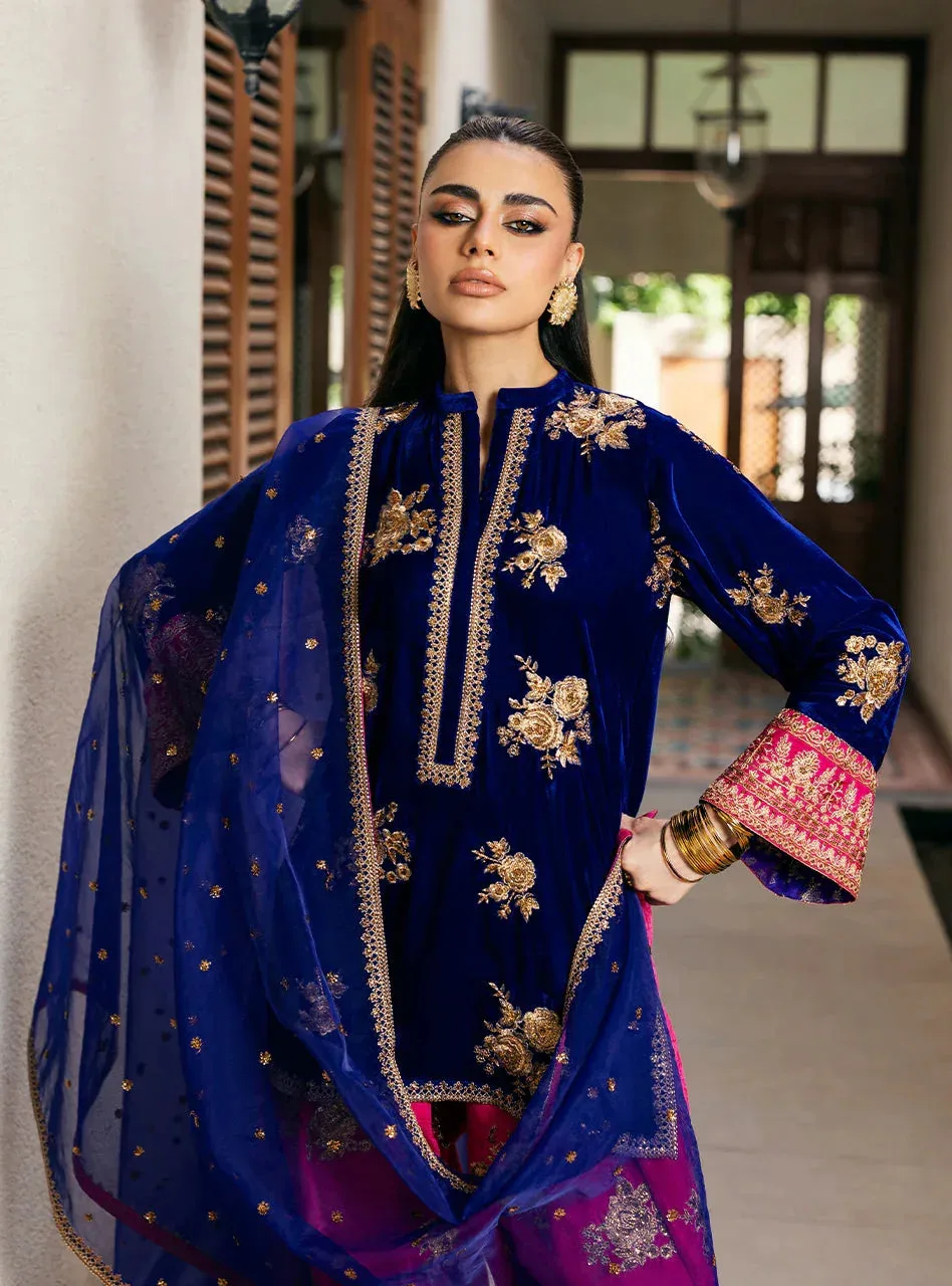 Electric blue velvet shirt with gold embroidery, raw silk shalwar and organza dupatta – view 3 – Poshaq