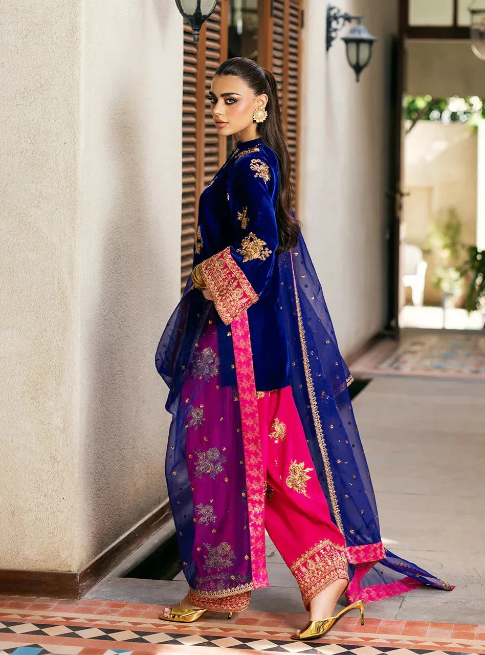 Electric blue velvet shirt with gold embroidery, raw silk shalwar and organza dupatta – view 5 – Poshaq
