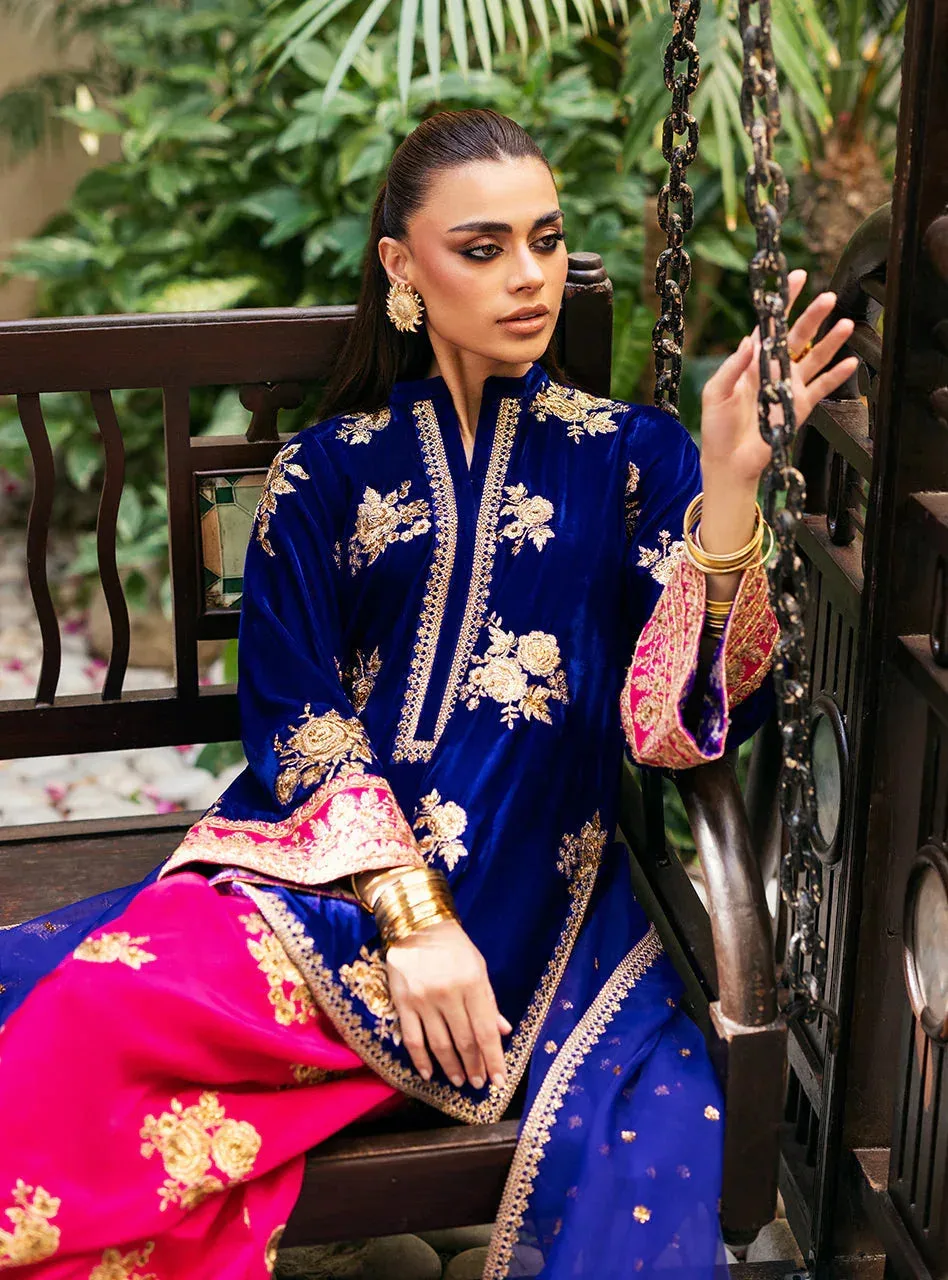 Electric blue velvet shirt with gold embroidery, raw silk shalwar and organza dupatta – view 6 – Poshaq