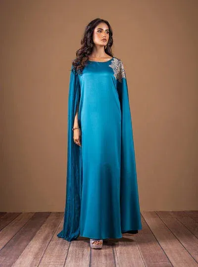 Zainab Chottani The Kaftan Edit Deep Sea Blue Silk – view 1 – Poshaq