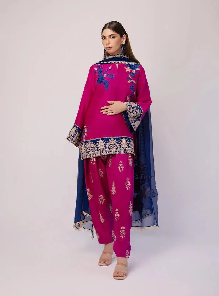 Zainab Chottani Luxe Edit 25 Dark Pink Raw Silk – view 1 – Poshaq