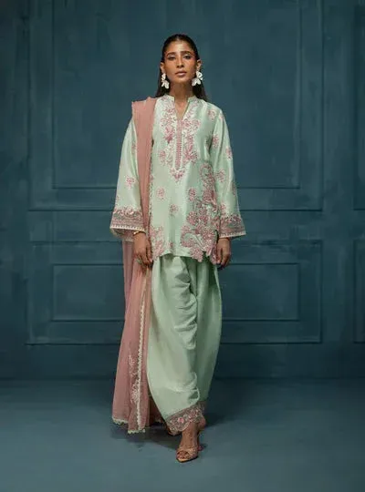 Zainab Chottani Luxe Edit 25 Pastel Mint Raw Silk – view 1 – Poshaq
