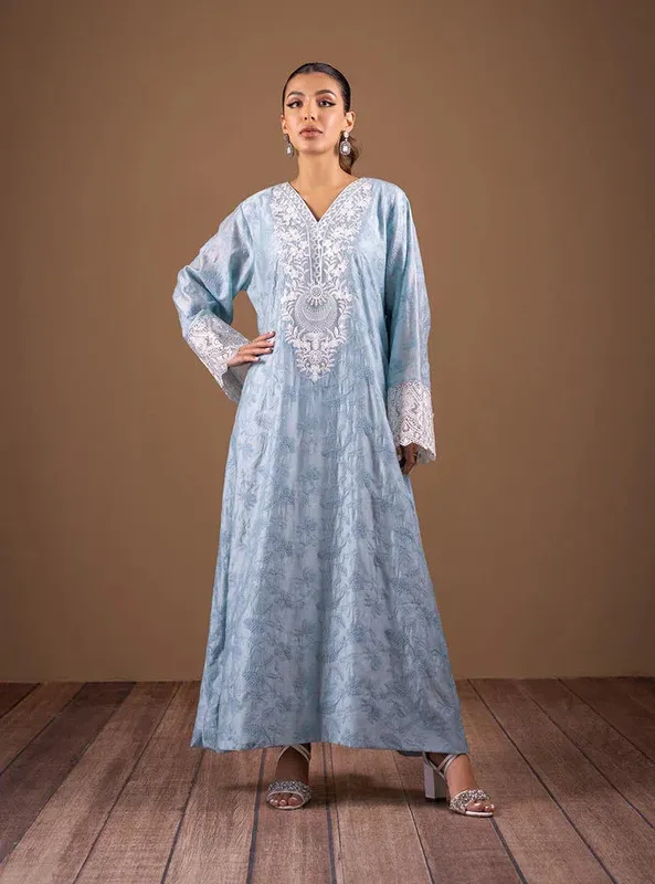 Zainab Chottani The Kaftan Edit Ice Blue Cotton Silk – view 1 – Poshaq