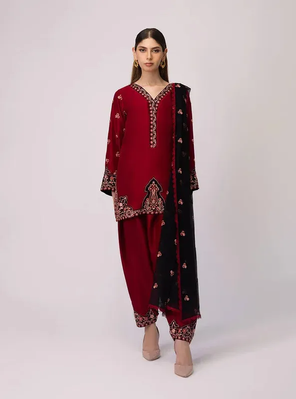 Zainab Chottani Luxe Edit 25 MAHROON Raw Silk – view 1 – Poshaq
