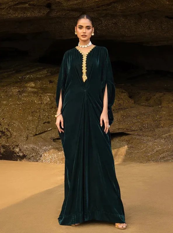 Zainab Chottani The Kaftan Edit Bottle Green Velvet – view 1 – Poshaq