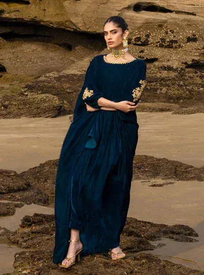 Zainab Chottani The Kaftan Edit Dark Teal Blue Velvet – view 1 – Poshaq