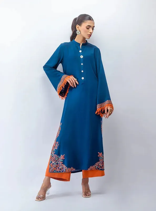 Zainab Chottani Aara Moonsoon Edit Peacock Blue Viscose – view 1 – Poshaq
