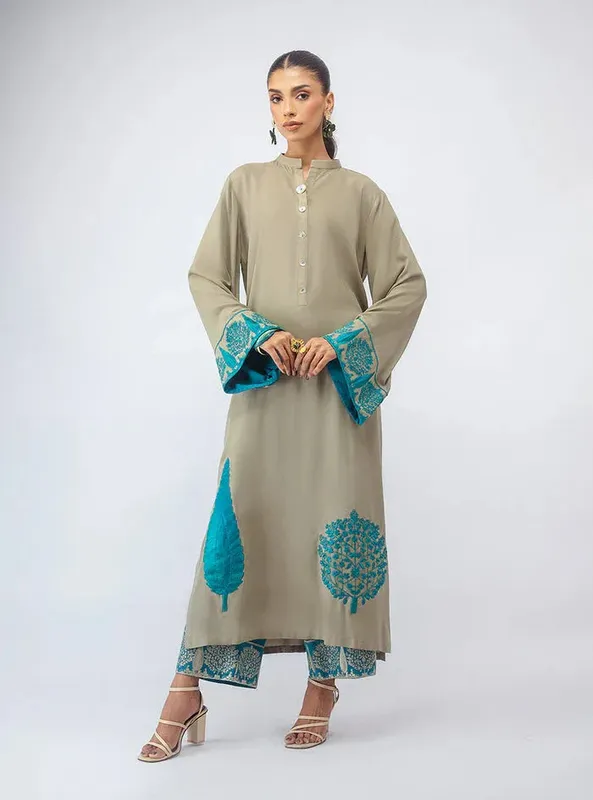 Zainab Chottani Aara Moonsoon Edit Gray Olive Viscose – view 1 – Poshaq