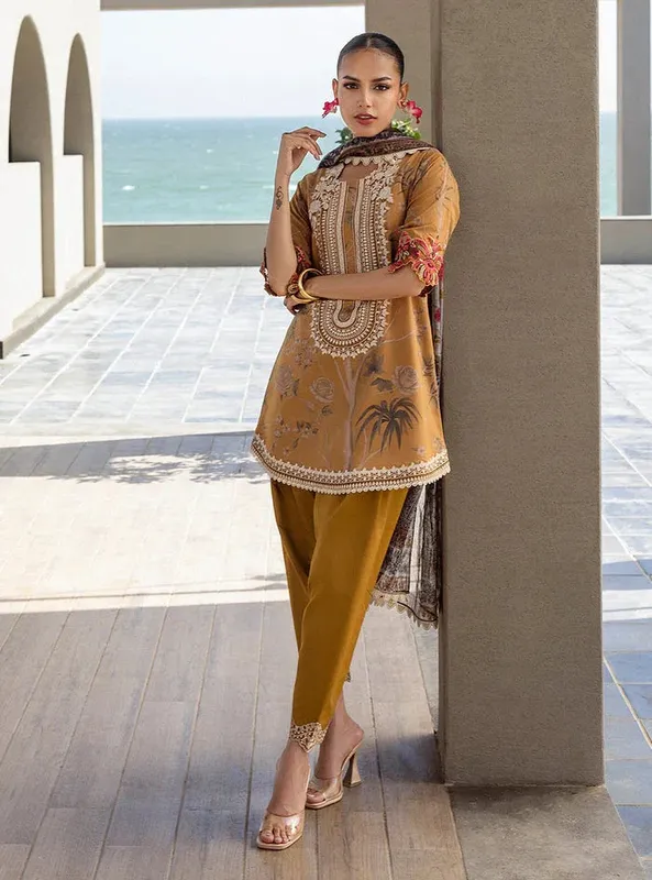 Zainab Chottani Tahra Lawn 25 Mustard Brown Organza – view 1 – Poshaq