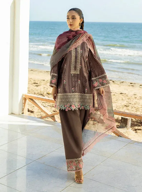 Zainab Chottani Tahra Lawn 25 Chocolate Brown Organza – view 1 – Poshaq