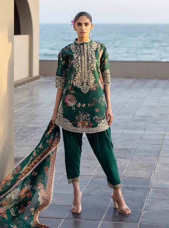 Zainab Chottani Tahra Lawn 25 Deep Olive Green Organza – view 1 – Poshaq