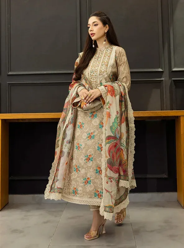 Zainab Chottani Tahra Lawn 25 Desert Sand Organza – view 1 – Poshaq